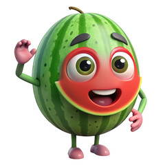 3d cartoon watermelon character waving isolated on transparent background