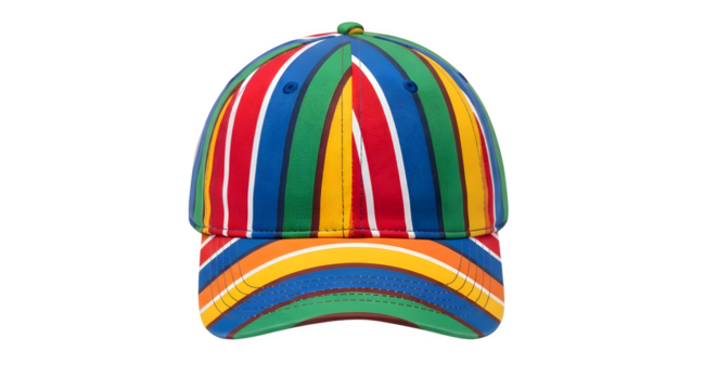 Colorful striped baseball cap with a curved brim close up view