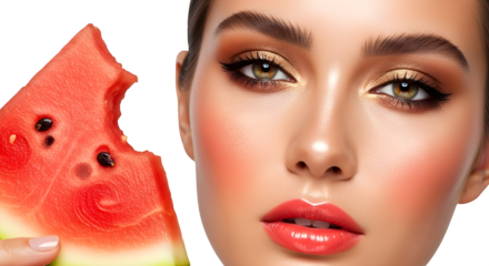 Woman with glamorous makeup holding a fresh slice of watermelon