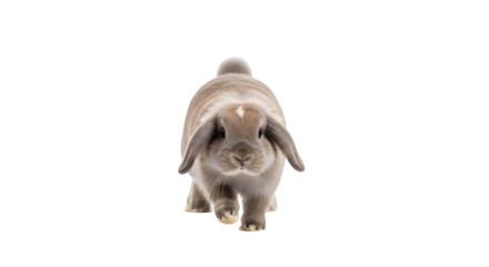 Adorable lopeared bunny rabbit walking forward on a black studio background shot