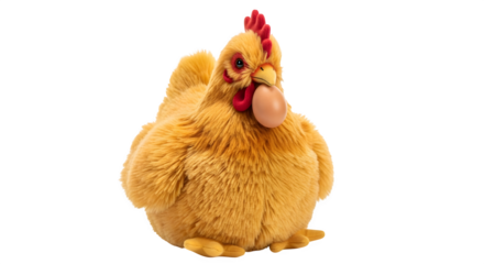 Plush chicken holding an egg in its beak against a plain studio shot