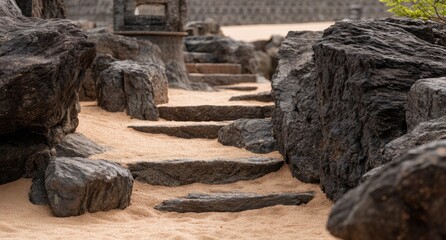 Zen garden path with layered stones and sand