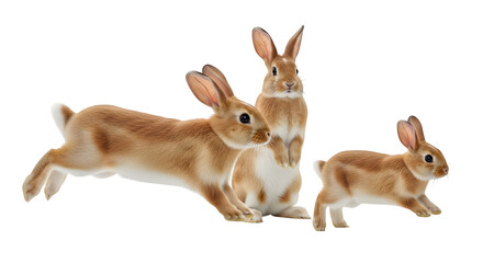 Three adorable brown rabbits in various poses against a transparent background