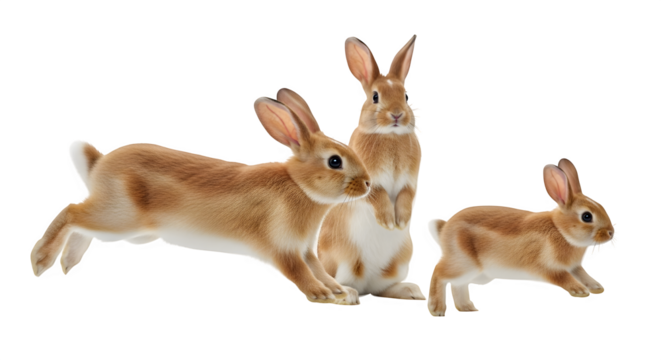 Three adorable brown rabbits in various poses against a transparent background