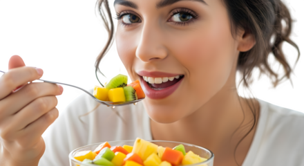 Smiling woman eating fresh fruit salad with a spoon for a healthy lifestyle