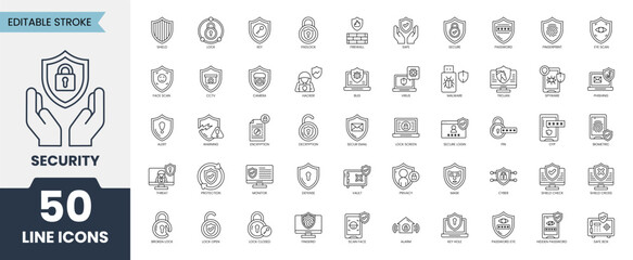 Security icon set. Including lock, shields, password, encryption, secure, safebox, protection and more. Editable stroke. Vector illustration