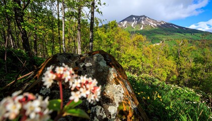 Scenic mountain landscape with wildflowers and lush forest in Japan.