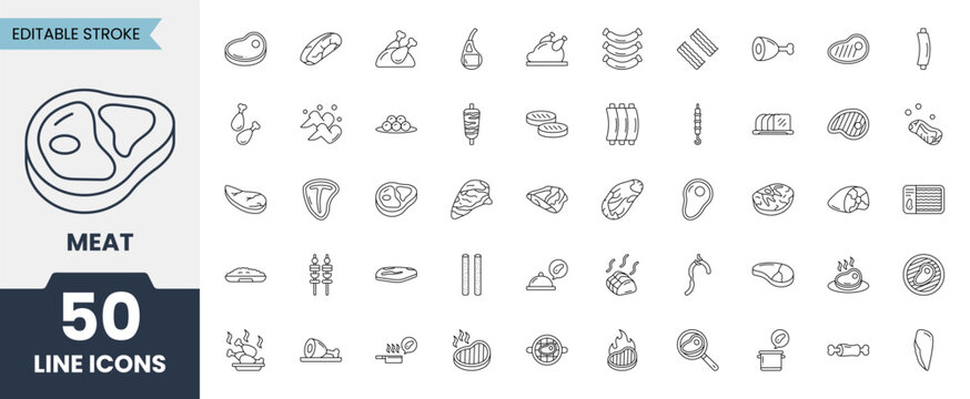 Meat icon set in line style. Meat products including steak, chicken, ham, sausage, bacon, food and more. Editable stroke. Vector illustration