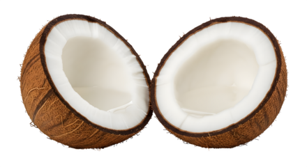 Two halves of a fresh coconut against a for tropical themes