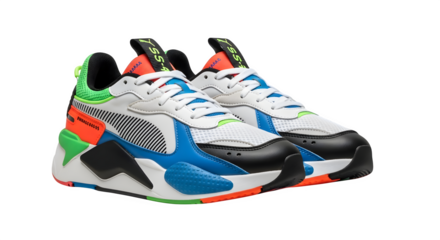 Pair of colorful Puma RSX sneakers for fashion ads