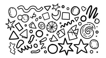 Abstract doodle shapes pattern on isolated white background, black and white line art illustration.