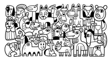 Densely Packed Group of Hand-Drawn Doodle Animals and Fantasy Creatures on Isolated White Background, diverse and whimsical characters.