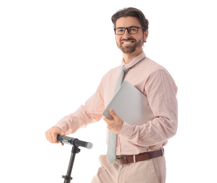 Handsome businessman with laptop and electric scooter on white background - Powered by Adobe