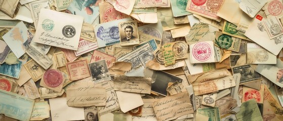 A collection of vintage postcards, letters, and stamps
