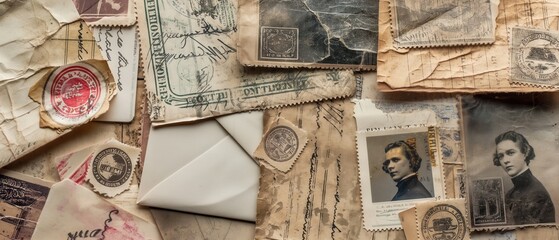 Fototapeta premium Vintage postcards and stamps: a nostalgic collage of aged correspondence