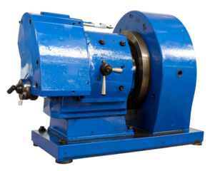 Angled Side View of Blue Lathe Machine, Industrial Workshop Tool, isolated on transparent background PNG