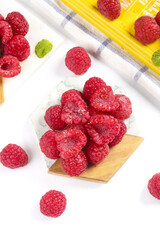 Fresh Red Raspberries on Wooden Spoon with Mint Leaves Healthy Organic Berry Fruit Food Photography