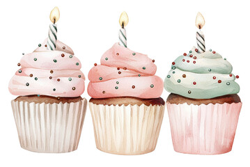 Watercolor cupcakes with candles and sprinkles on transparent background