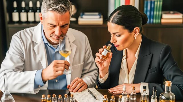 A perfumer and a client evaluate complex fragrances in a laboratory, surrounded by essential oils and aromatic ingredients