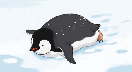 A cute, cartoonish penguin rests on a snowy surface.  Its wings are outstretched, and it appears to be sleeping, with delicate details