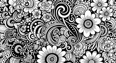 Detailed hand drawn doodle pattern with intricate floral, leaf, and swirling elements, black and white ornamental background.