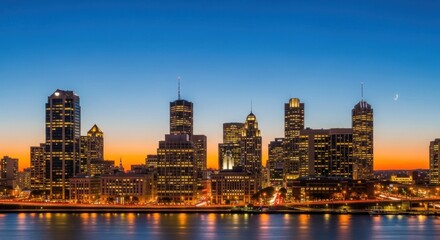 City skyline at twilight, illuminated skyscrapers reflecting on water