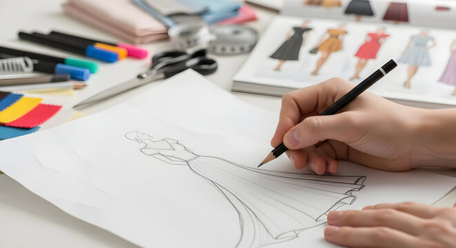 Fashion designer sketching a beautiful gown, creating a new dress design with pencils and fabrics.