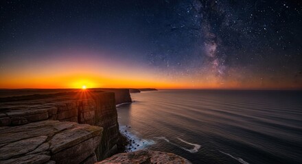 Dramatic coastal sunrise/sunset with a vibrant sky filled with stars and the Milky Way