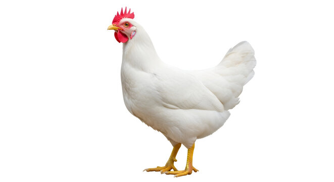 Beautiful white leghorn chicken standing against a black studio background view