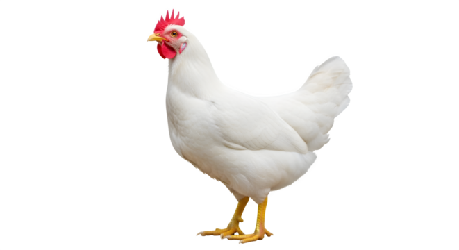 Beautiful white leghorn chicken standing against a black studio background view