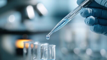 Scientist's gloved hand use micropipette to transfer liquid into test tube,laboratory,copy space.