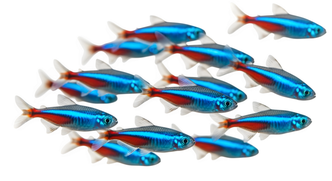 School of neon tetra fish swimming together in an aquarium against