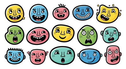 Set of colorful diverse cartoon faces with funny expressions, isolated white background.