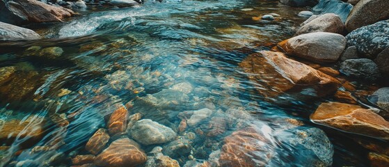 Crystal river flowing over rocks, reflecting sunlight and creating ripples in the water