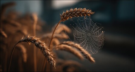 Dew-kissed spiderweb on golden wheat