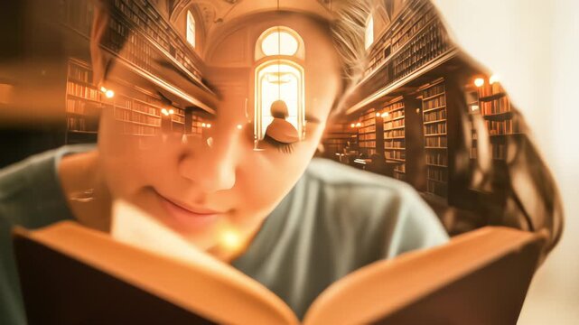 A reader's mind becomes a nostalgic library, a warm double exposure visualizing the magical world discovered within a book