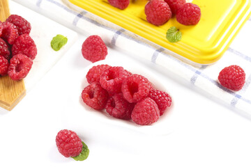 Fresh Red Raspberries with Mint Leaves on White Background - Healthy Organic Berry Food Photography