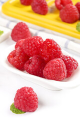 Fresh Red Raspberries in White Bowl - Healthy Organic Berries Food Photography