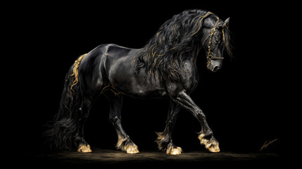 A black horse with a gold mane, tail, and ankle fluff. The background is dark