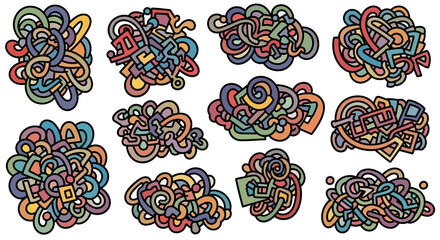 Fototapeta premium Collection of colorful abstract doodle shapes resembling intricate knots and swirls on an isolated white background.