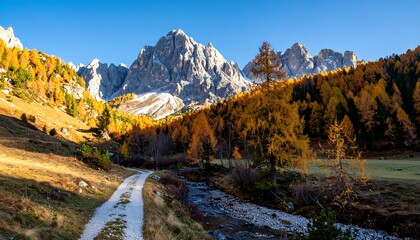 Scenic mountain valley with autumn foliage and winding road.