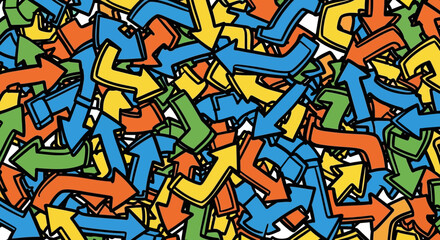 Seamless pattern of overlapping colorful arrows pointing in various directions, a vibrant abstract background.
