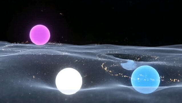 Gravitational Waves Simulated: Pink, Blue, and White Spheres Distorting Spacetime