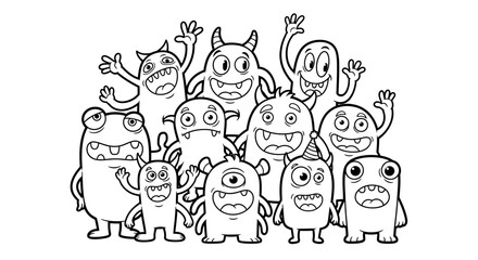 Group of Cute and Funny Cartoon Monsters Characters Doodle, Isolated White Background