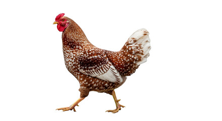 Fototapeta premium Speckled sussex chicken walking in a studio setting