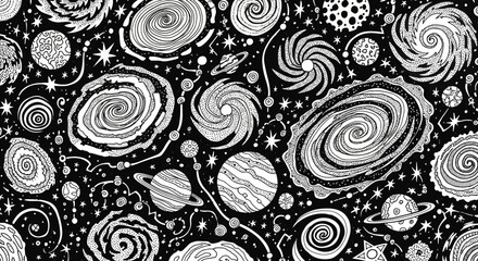 Black and White Seamless Cosmic Galaxy Space Pattern with Stars and Planets