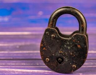 Aged padlock on a purple wooden surface