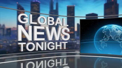 Modern news program opening sequence with digital sphere elements and cityscape background - Powered by Adobe