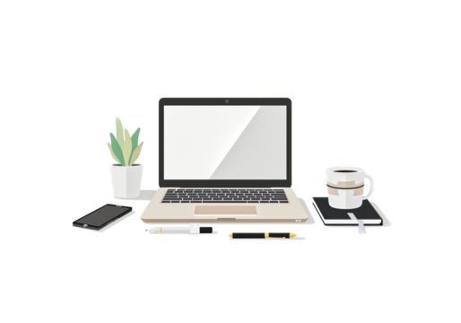 Laptop, smartphone, notebook, pen, coffee cup, flat vector desig