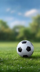 Fototapeta premium Soccer Ball on Lush Green Grass with Daisy Flowers and Blurred Background Nature